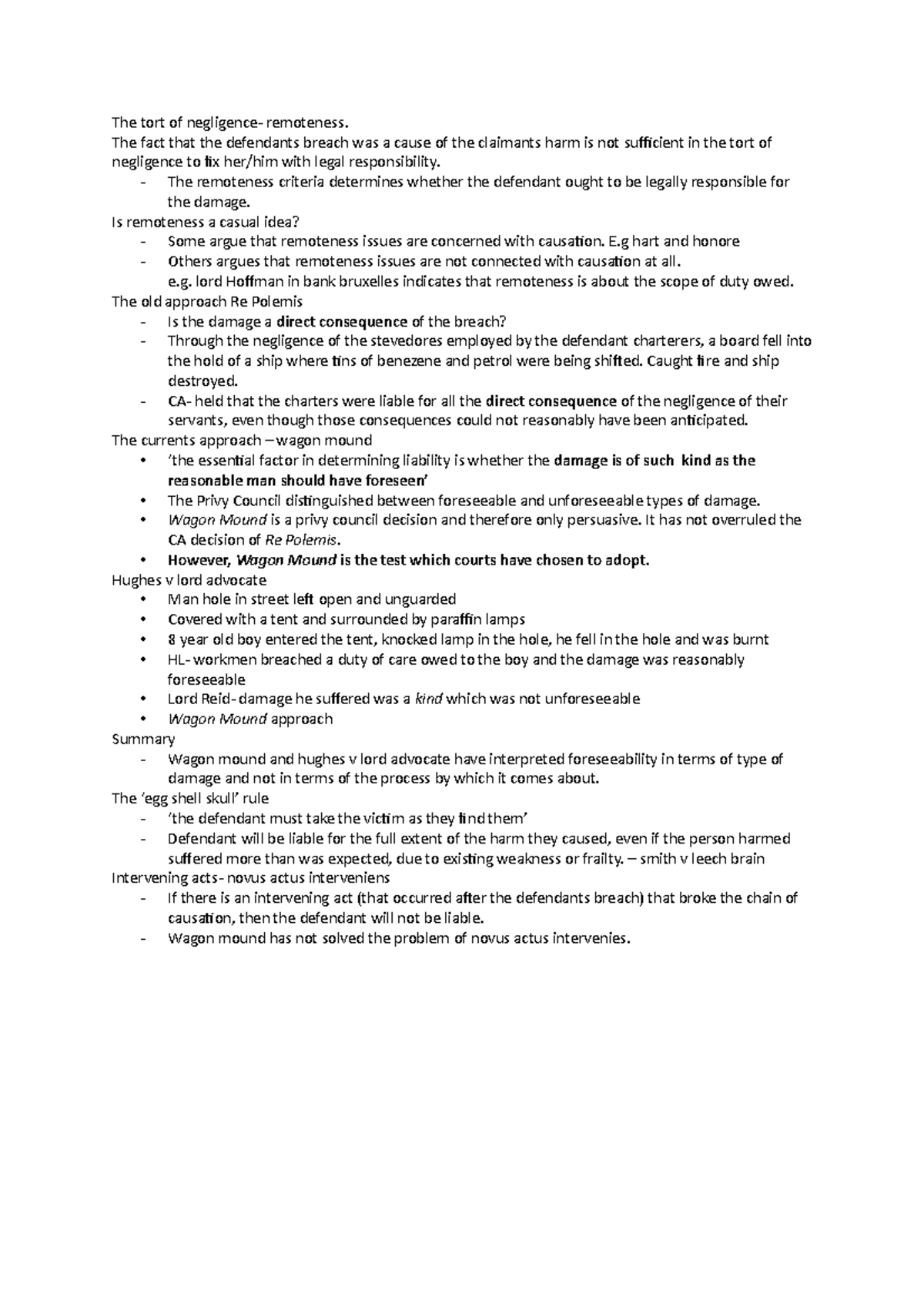 Tort law (remoteness) - Lecture notes 7 - The tort of negligence ...