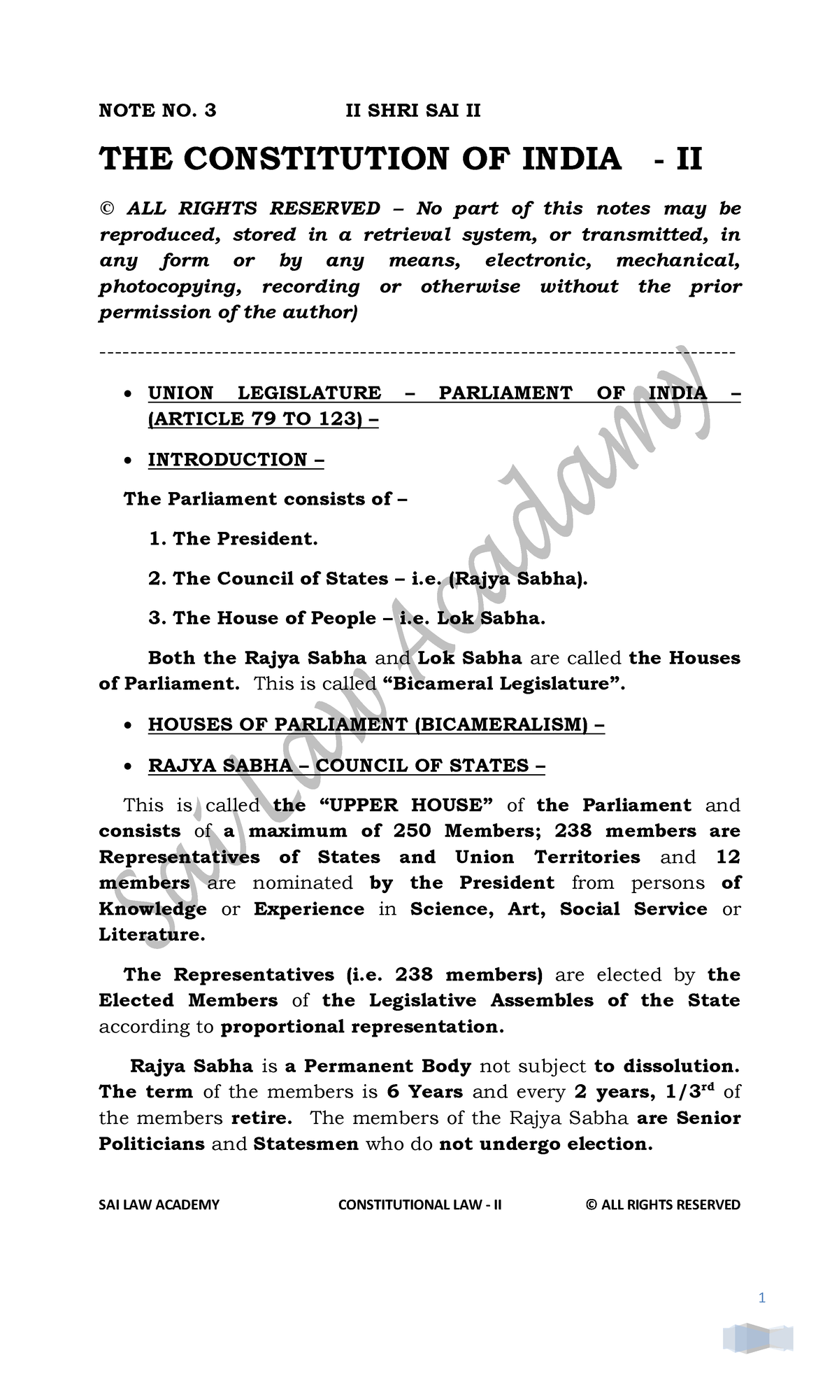 Constitution of India II - 3 - SAI LAW ACADEMY CONSTITUTIONAL LAW - II ...
