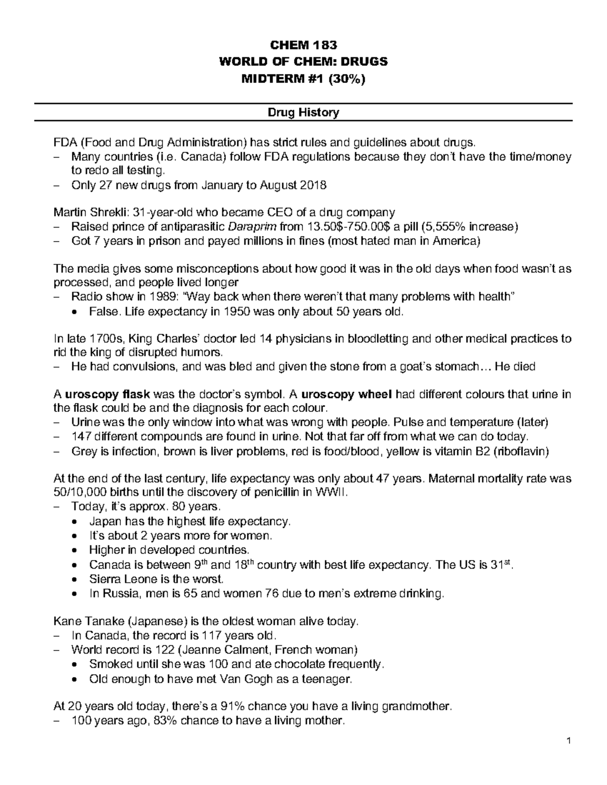 CHEM 183 Midterm 1 - CHEM 183 WORLD OF CHEM: DRUGS MIDTERM #1 (30% ...