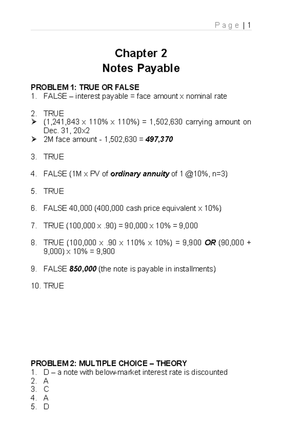 Chapter 2 IA - Chapter 2 Notes Payable PROBLEM 1: TRUE OR FALSE 1 ...