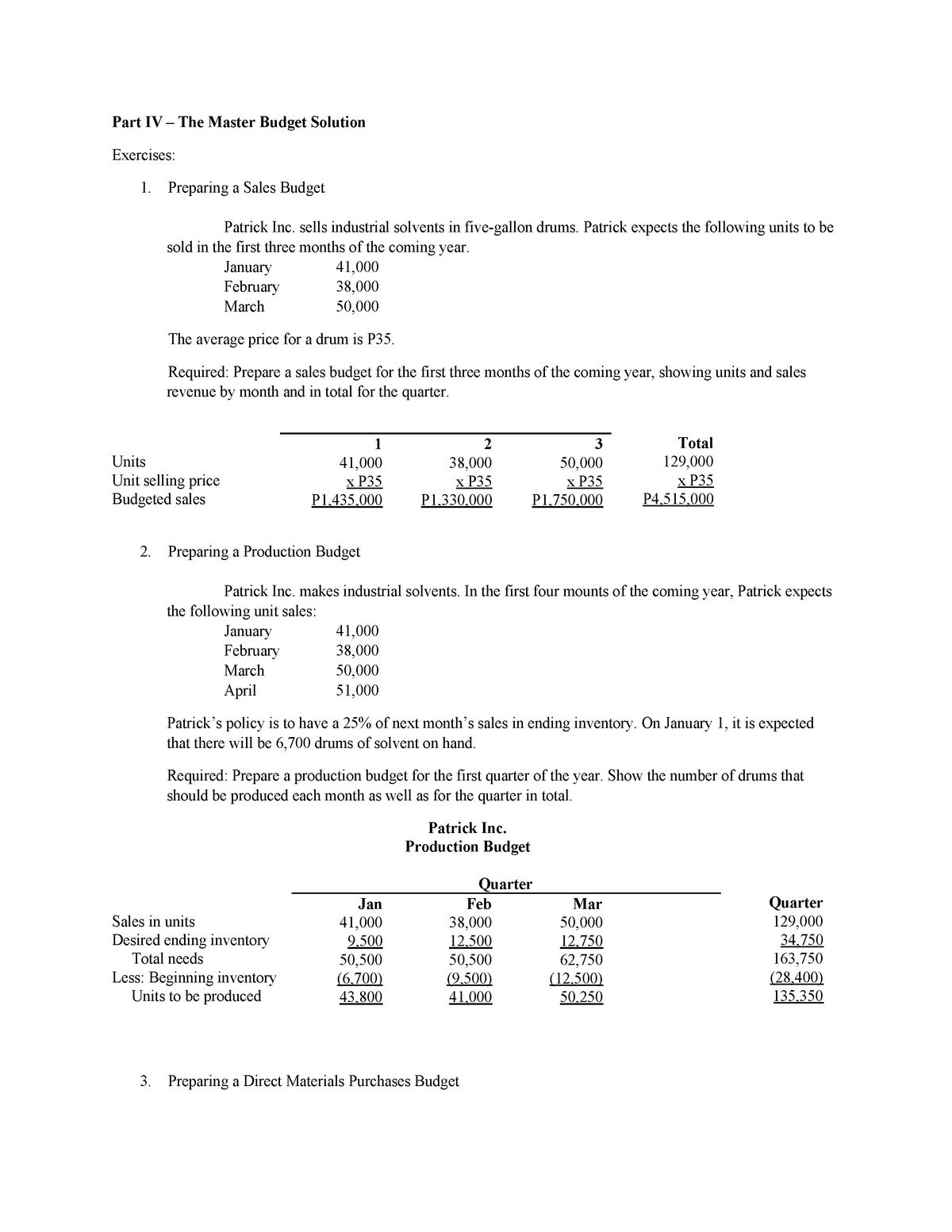 Master Budget Answer Key Part IV The Master Budget Solution 