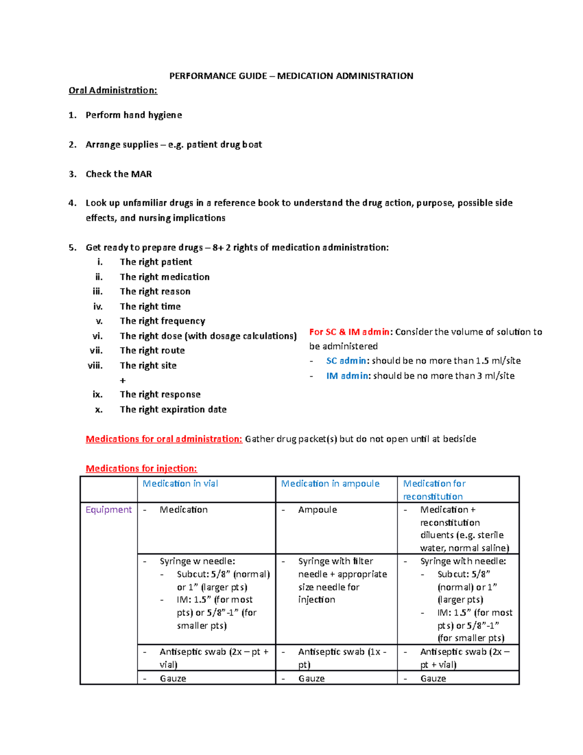 Summary, Final Exam Notes, Performance Guide – Medication ...