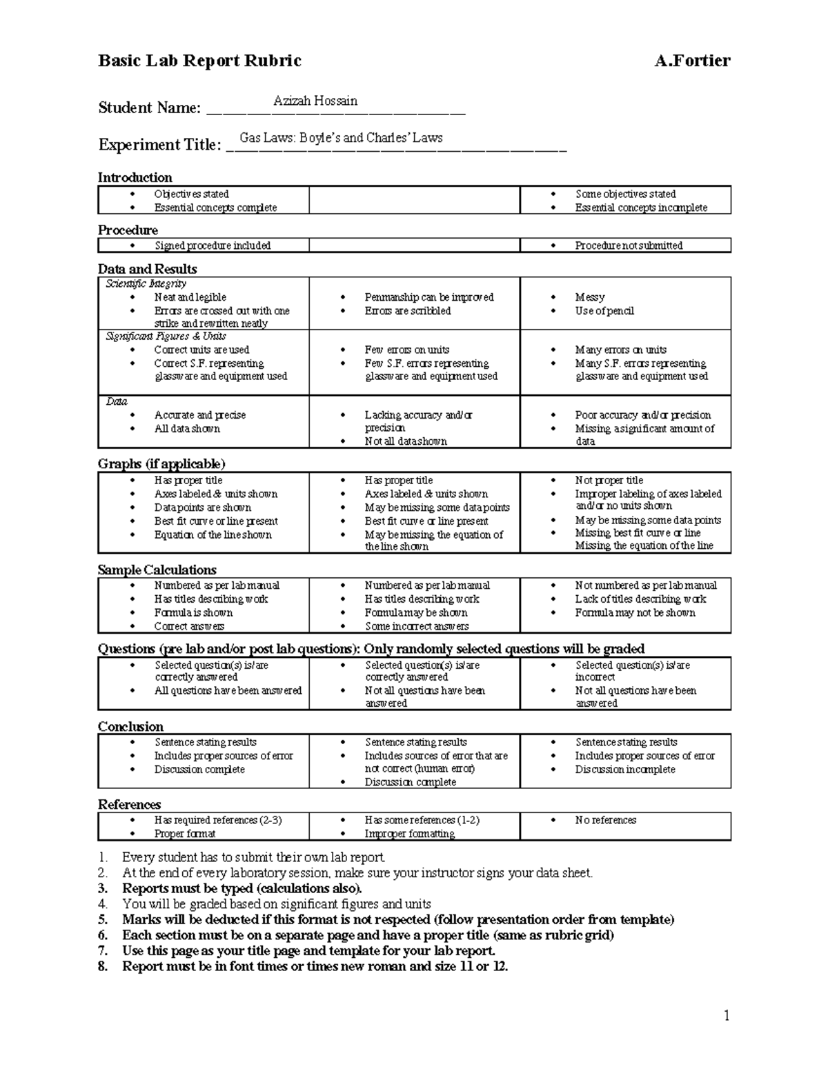 Lab Report 9 Gas Laws Boyle’s and Charle’s Laws Basic Lab Report