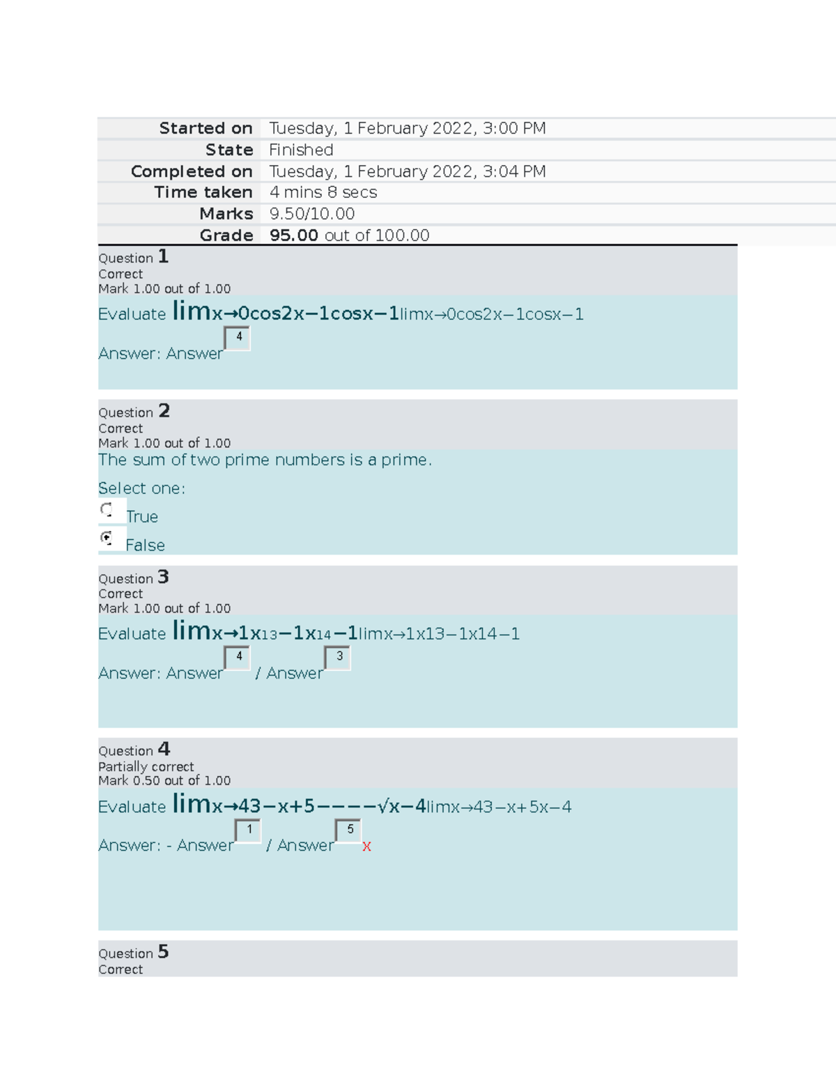 MATH6100 Calculus 1 Finals Q1 - Started On Tuesday, 1 February 2022, 3: ...