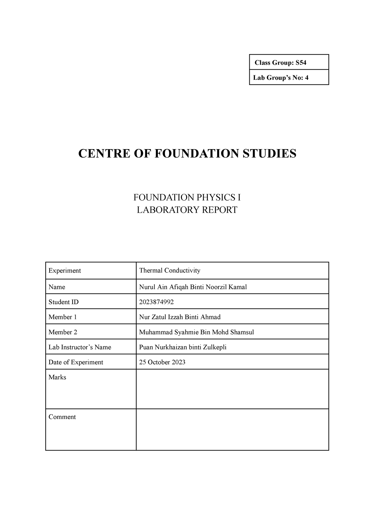 Thermal Conductivity EXP - Class Group: S Lab Group’s No: 4 CENTRE OF ...