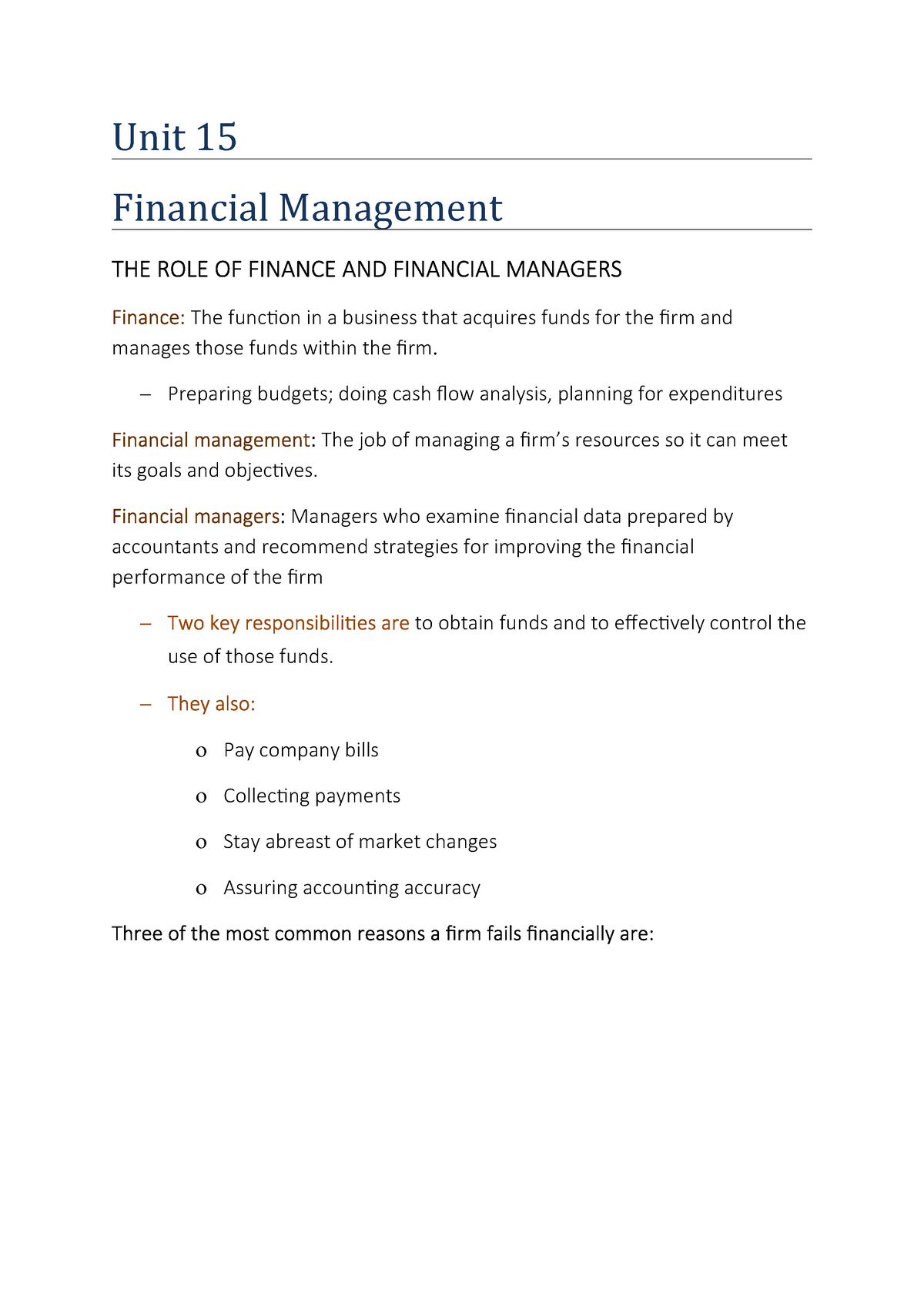 Unit 15 Summary Business Management Unit 15 Financial Management 