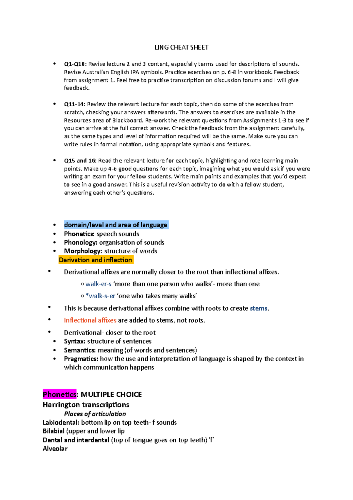 LING Cheat Sheet - LING CHEAT SHEET Q1-Q10: Revise lecture 2 and 3 ...