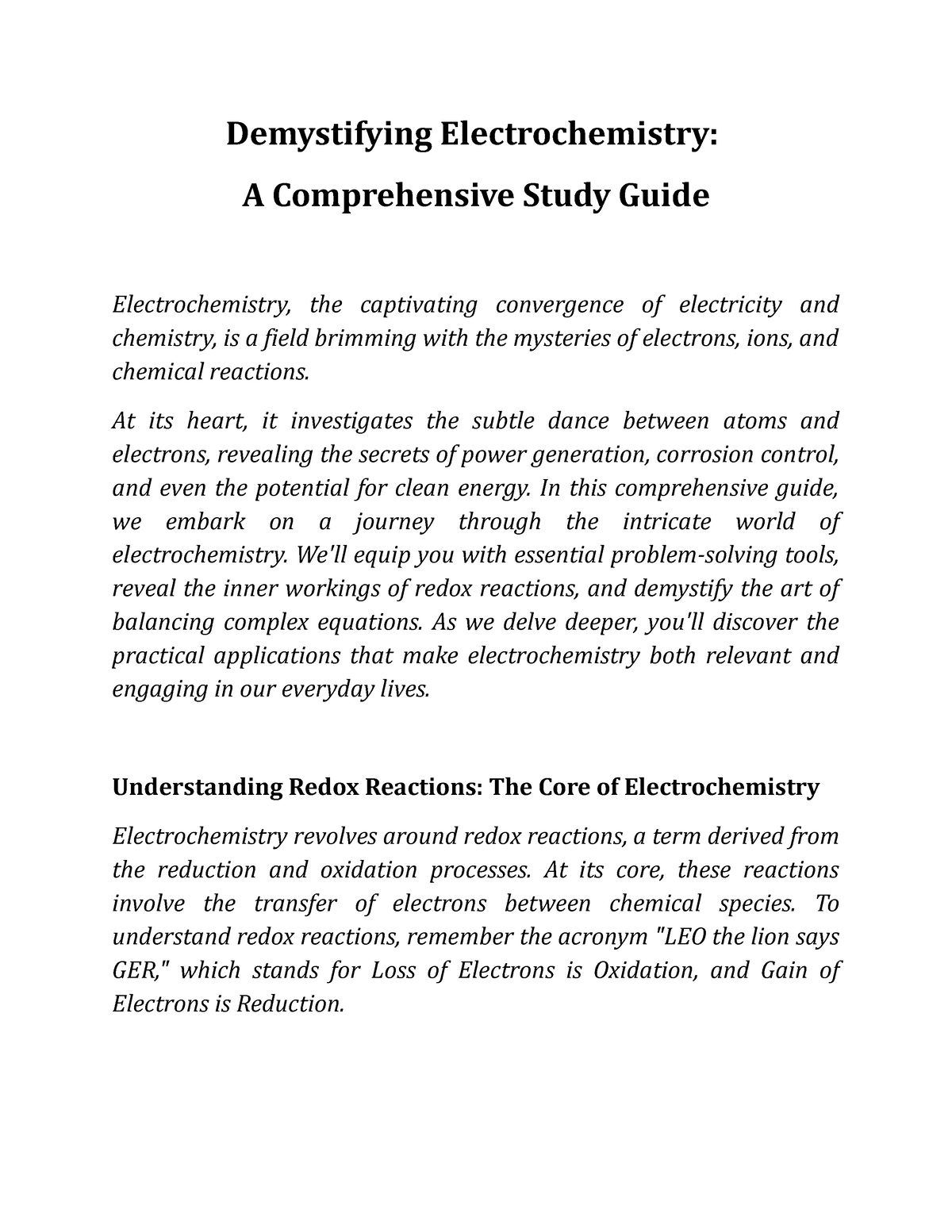 Demystifying Electrochemistry A Comprehensive Study guide