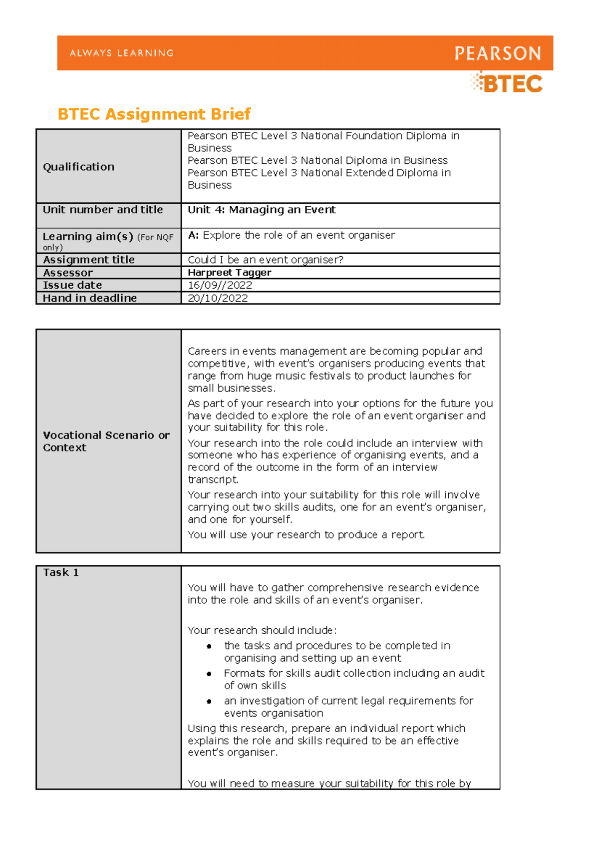 Unit 4 Assignment 1 Brief - BTEC Assignment Brief Qualification Pearson ...