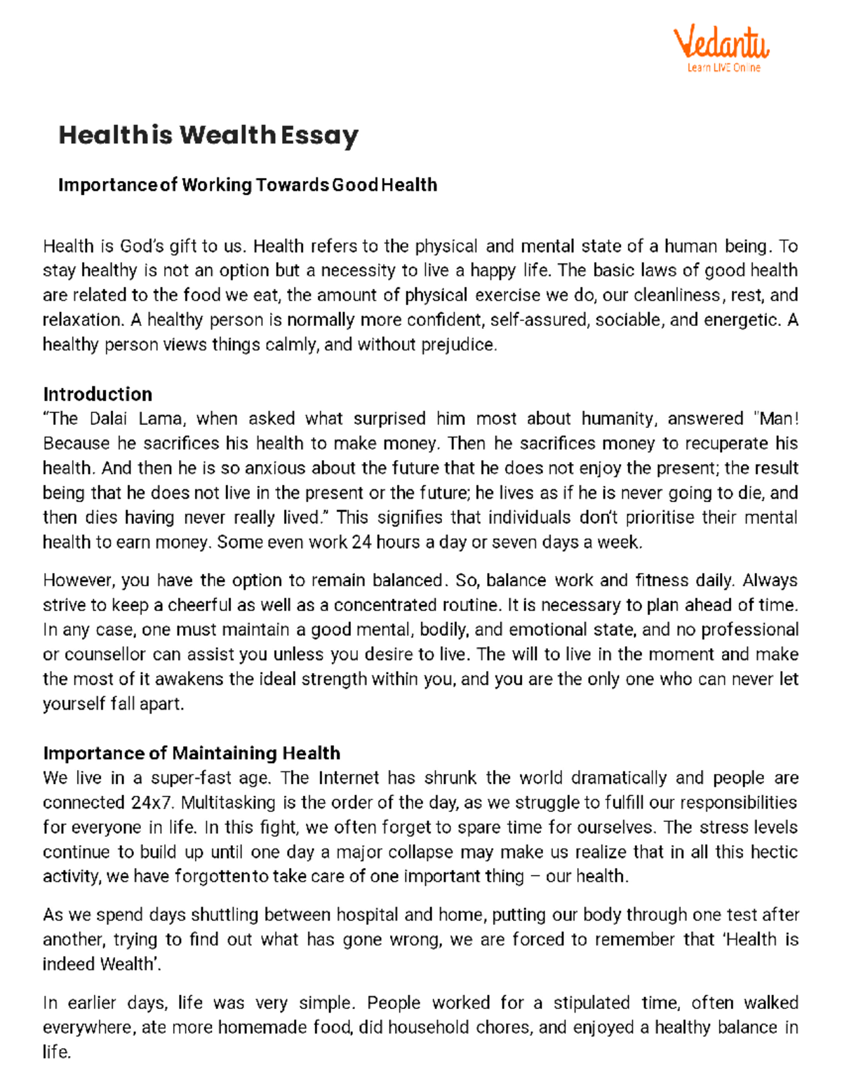 Health is Wealth Essay - Vedantu Learn LIVE Online Healthis Wealth ...