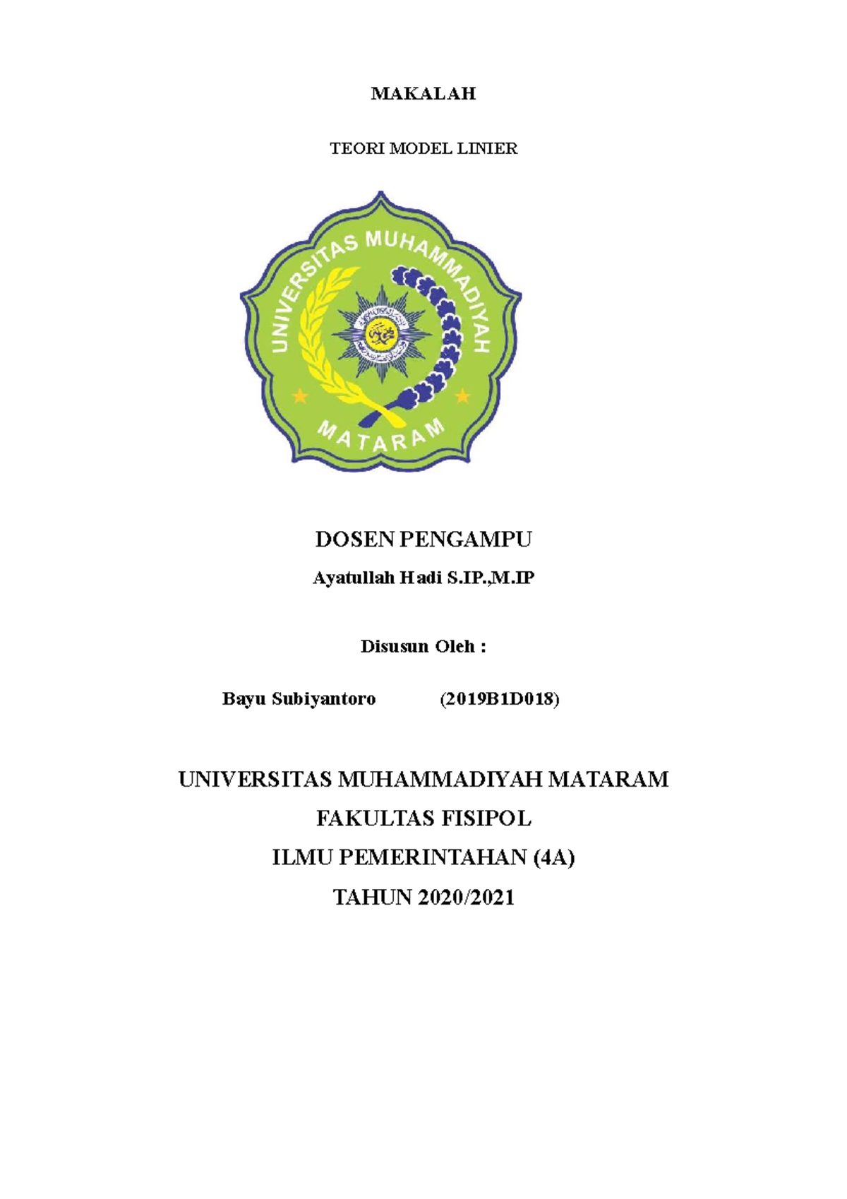 Teori Model Linier - MAKALAH TEORI MODEL LINIER DOSEN PENGAMPU ...