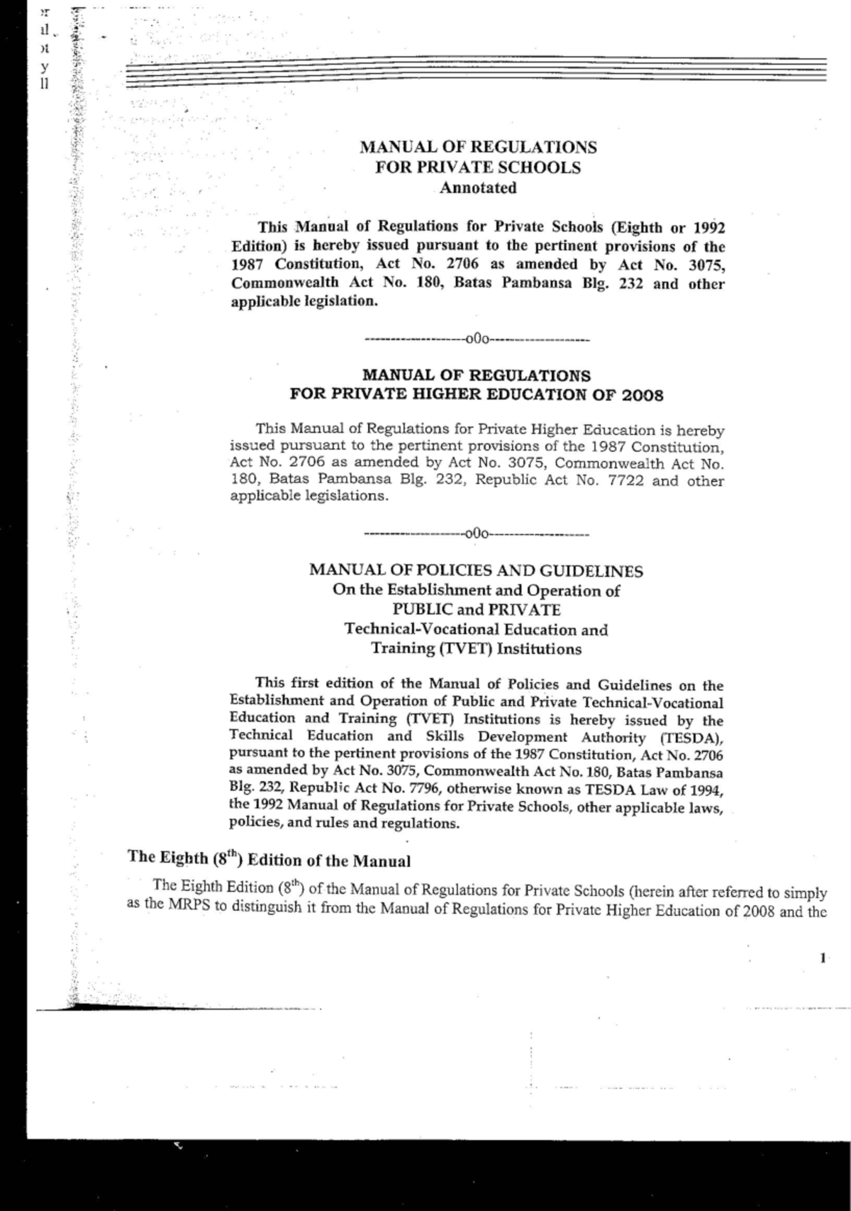 Manual Regulations - educ law notes - y 11 MANUAL OF REGULATIONS FOR ...