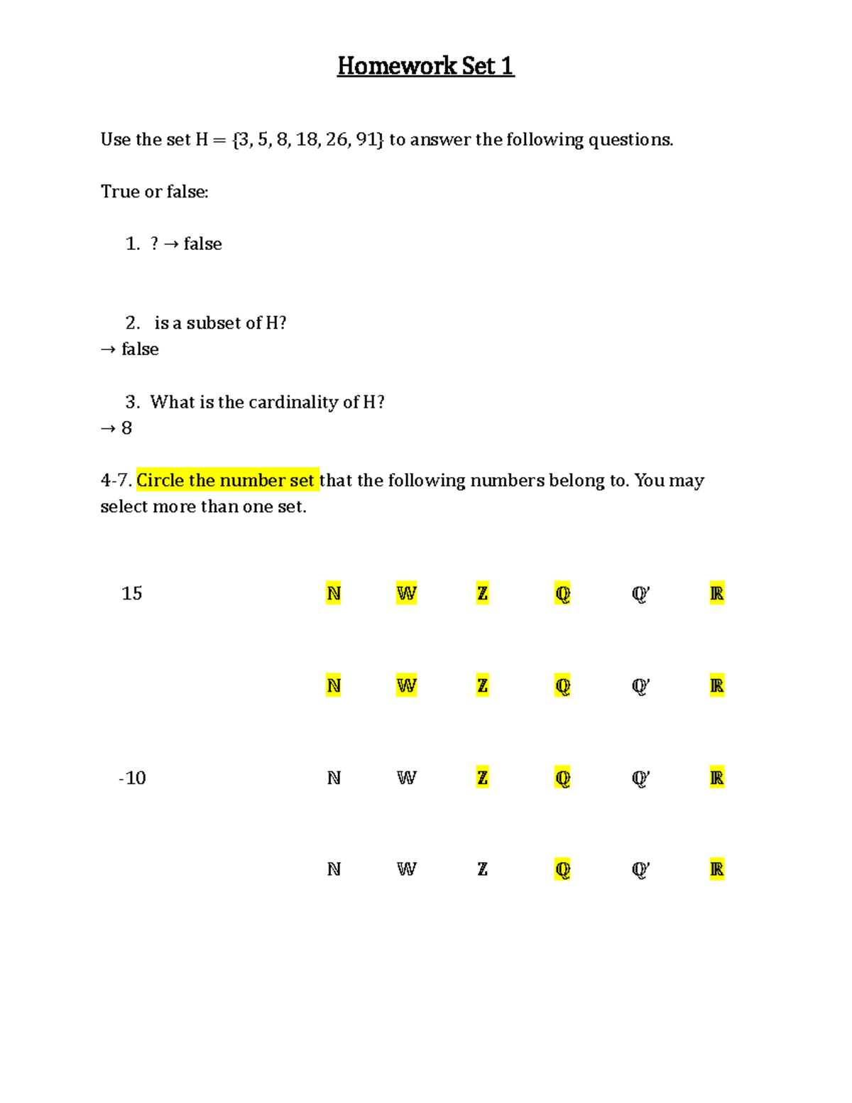 Homework Set 1 week 1 - Use the set H = {3, 5, 8, 18, 26, 91} to answer ...