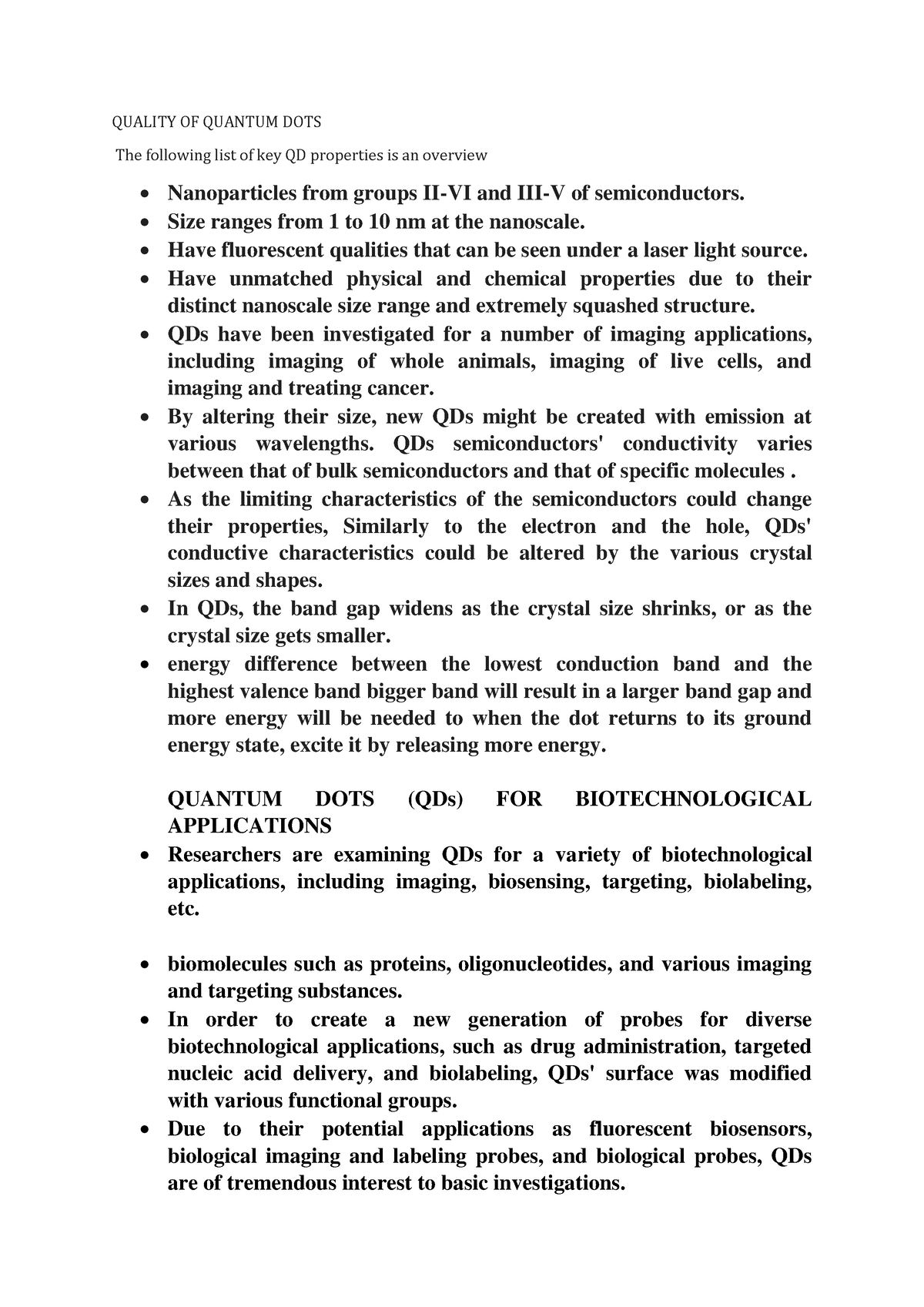 Application O F QD - QUALITY OF QUANTUM DOTS The Following List Of Key ...