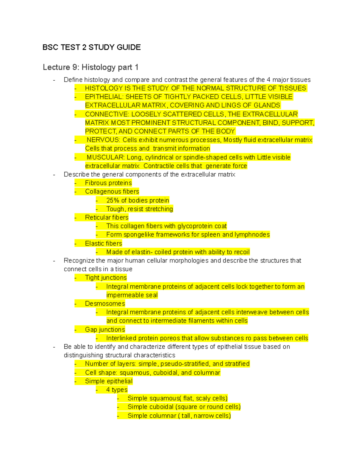 BSC Test 2 Study Guide: Histology And Connective Tissues - Studocu