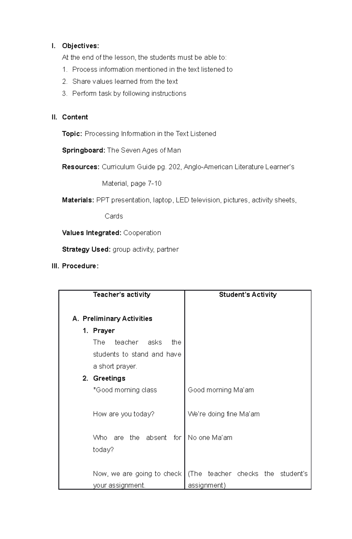 Lesson plan g9 First - Processing Information in the Text Listened - I ...