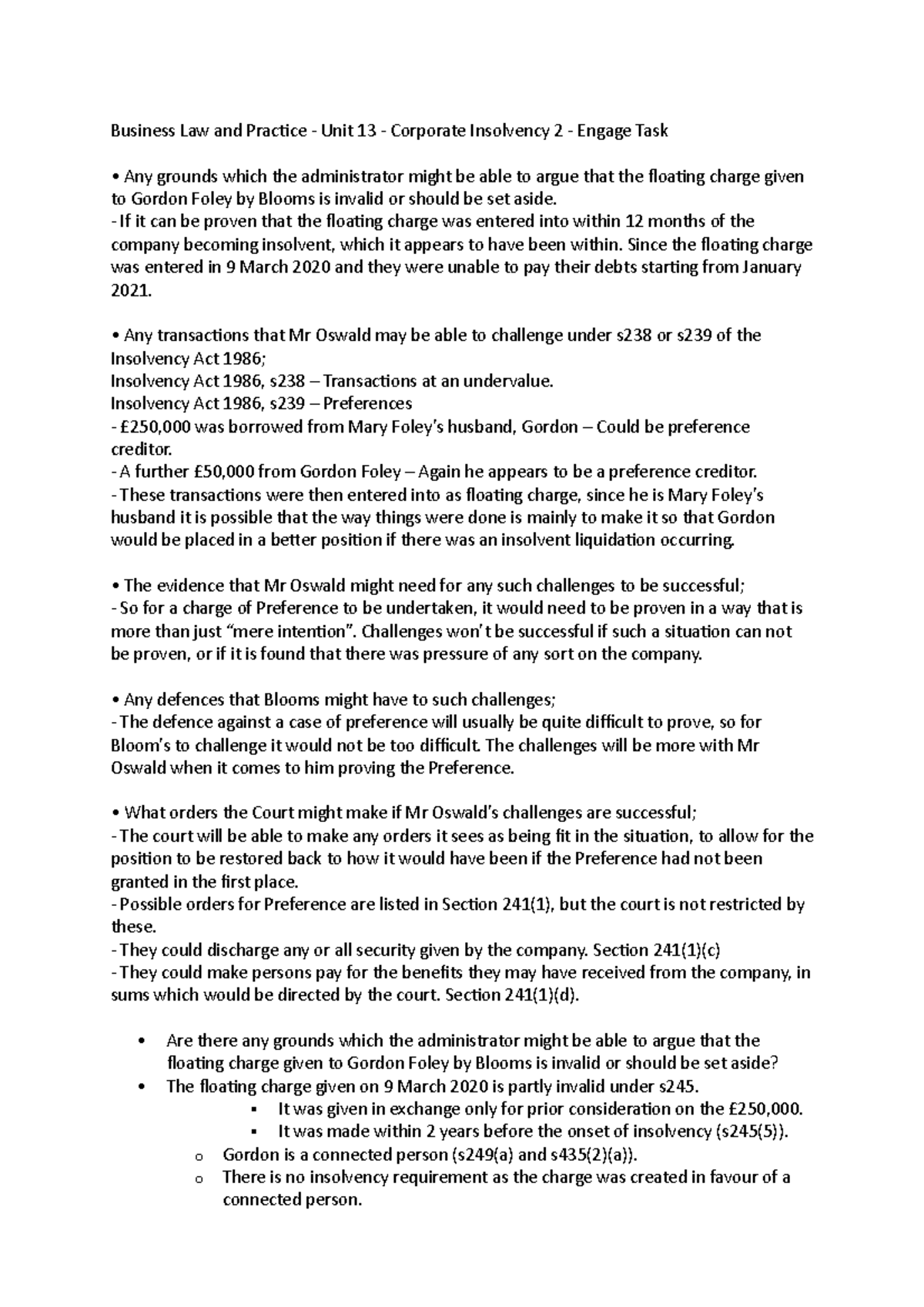 Unit 13 - Engage task - Business Law and Practice - Unit 13 - Corporate ...