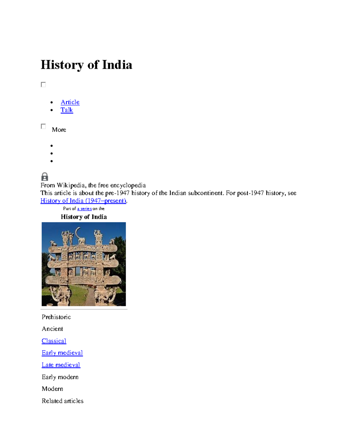 History of India History of India Article Talk More From Wikipedia