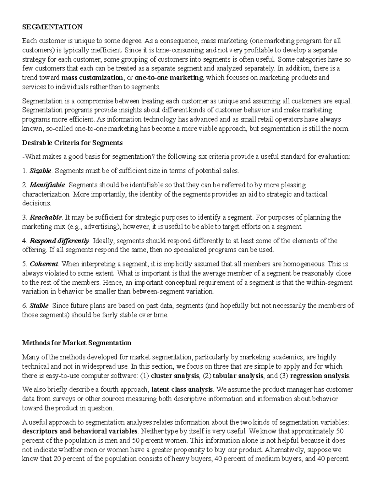 Hand-Outs for Report in Segmentation - SEGMENTATION Each customer is ...
