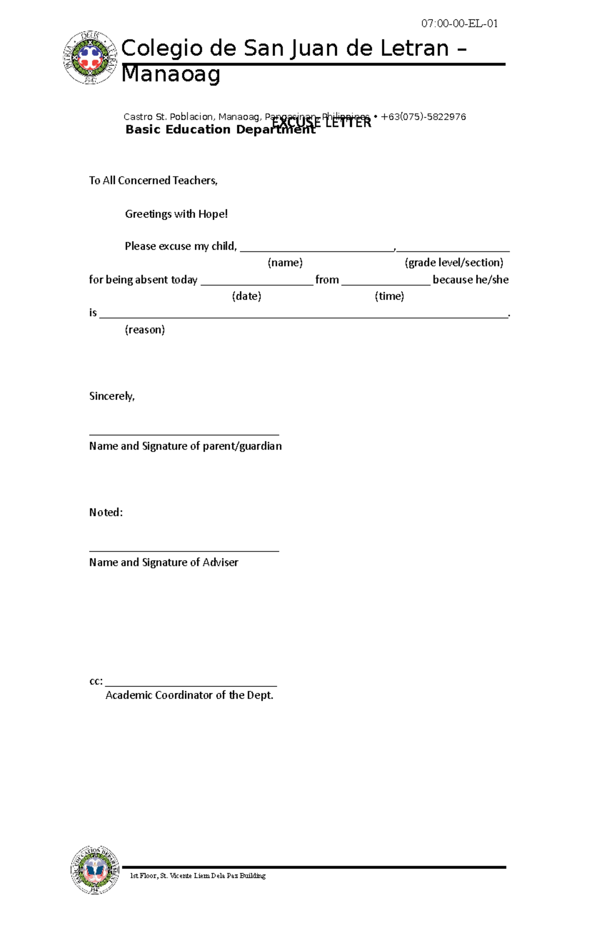 EL 01 Excuse Letter of Student - 1st Floor, St. Vicente Liem Dela Paz ...