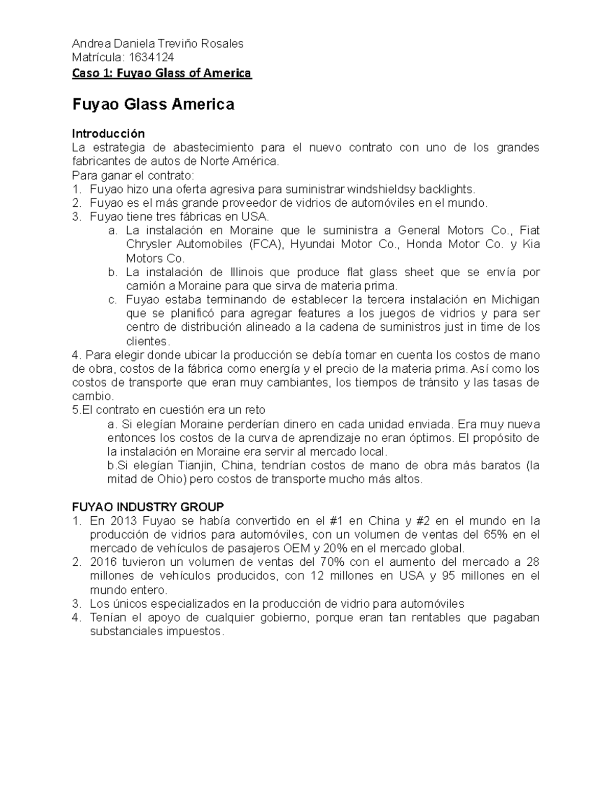 Fuyao Glass America Matrícula 1634124 Caso 1 Fuyao Glass of America