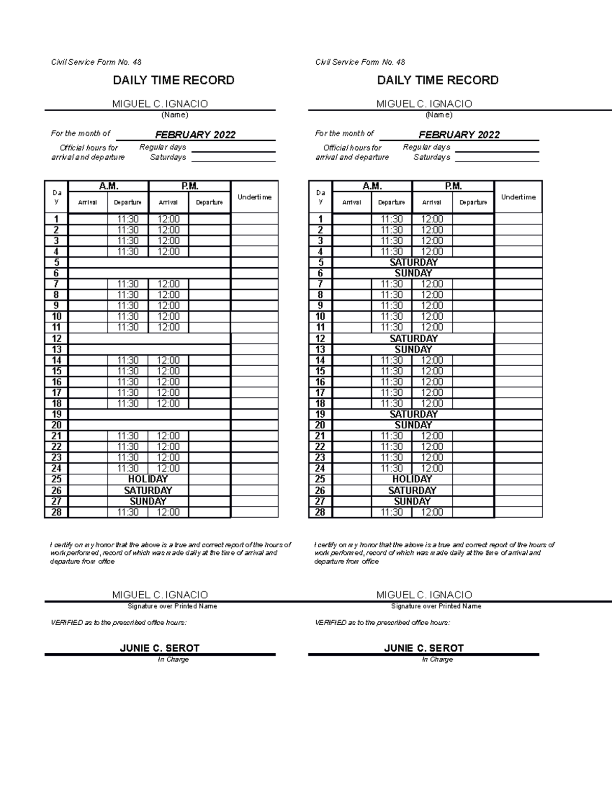 Sample - Civil Service Form No. 48 DAILY TIME RECORD MIGUEL C. IGNACIO ...