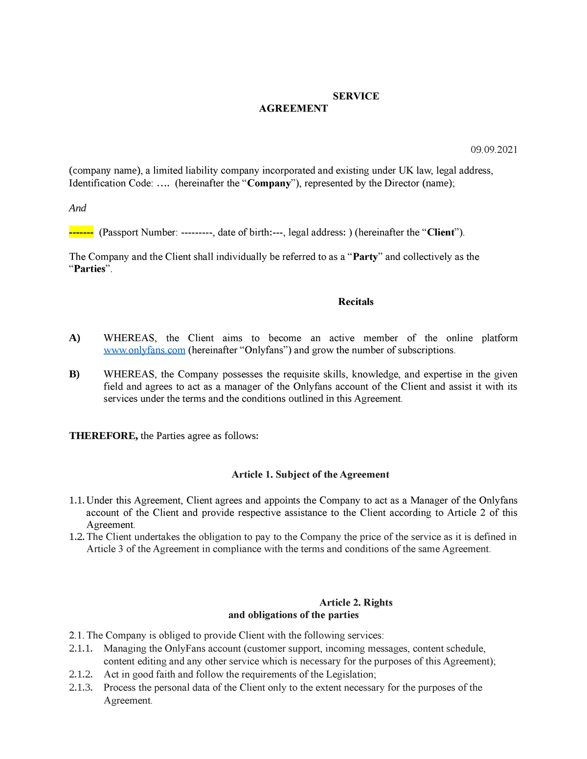 01-Service Agreement UK - SERVICE AGREEMENT 09 .09. (company name), a ...