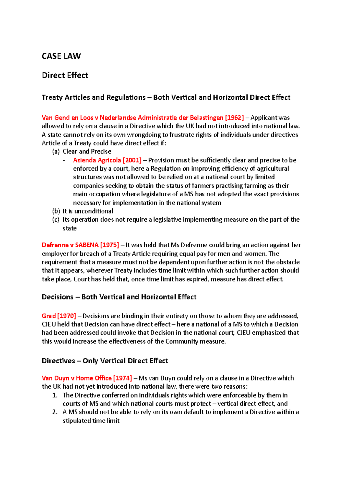 Cases DIrect Effect CASE LAW Direct Effect Treaty Articles and