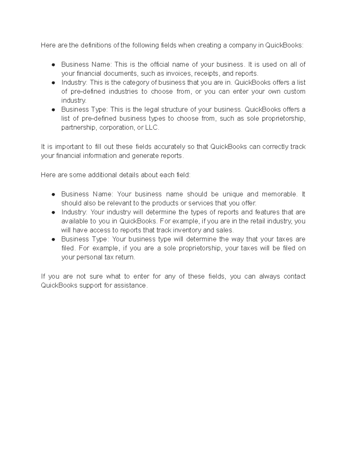 Creating a Company in Quick Books - Here are the definitions of the ...