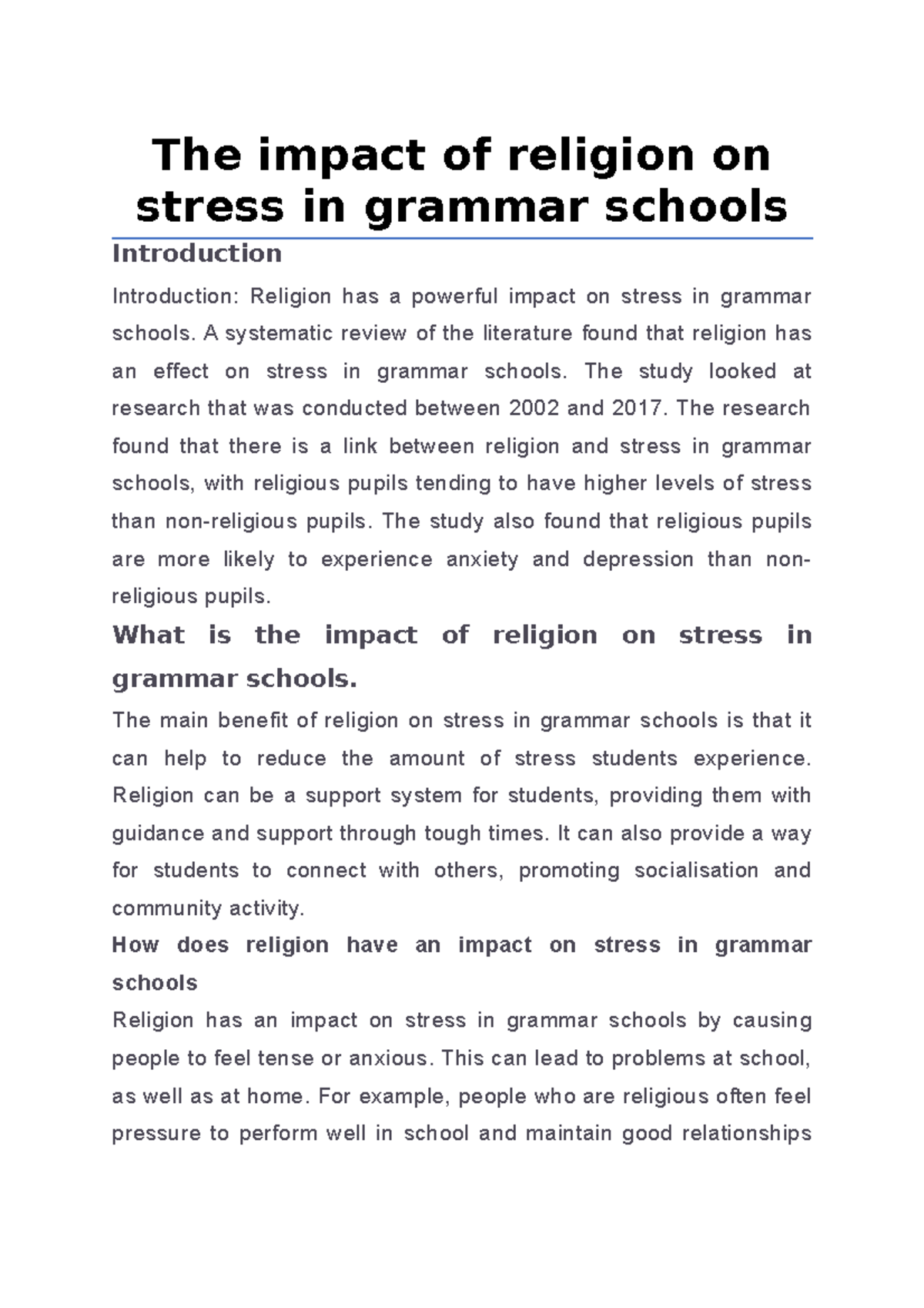 The impact of religion on stress in grammar schools The impact of
