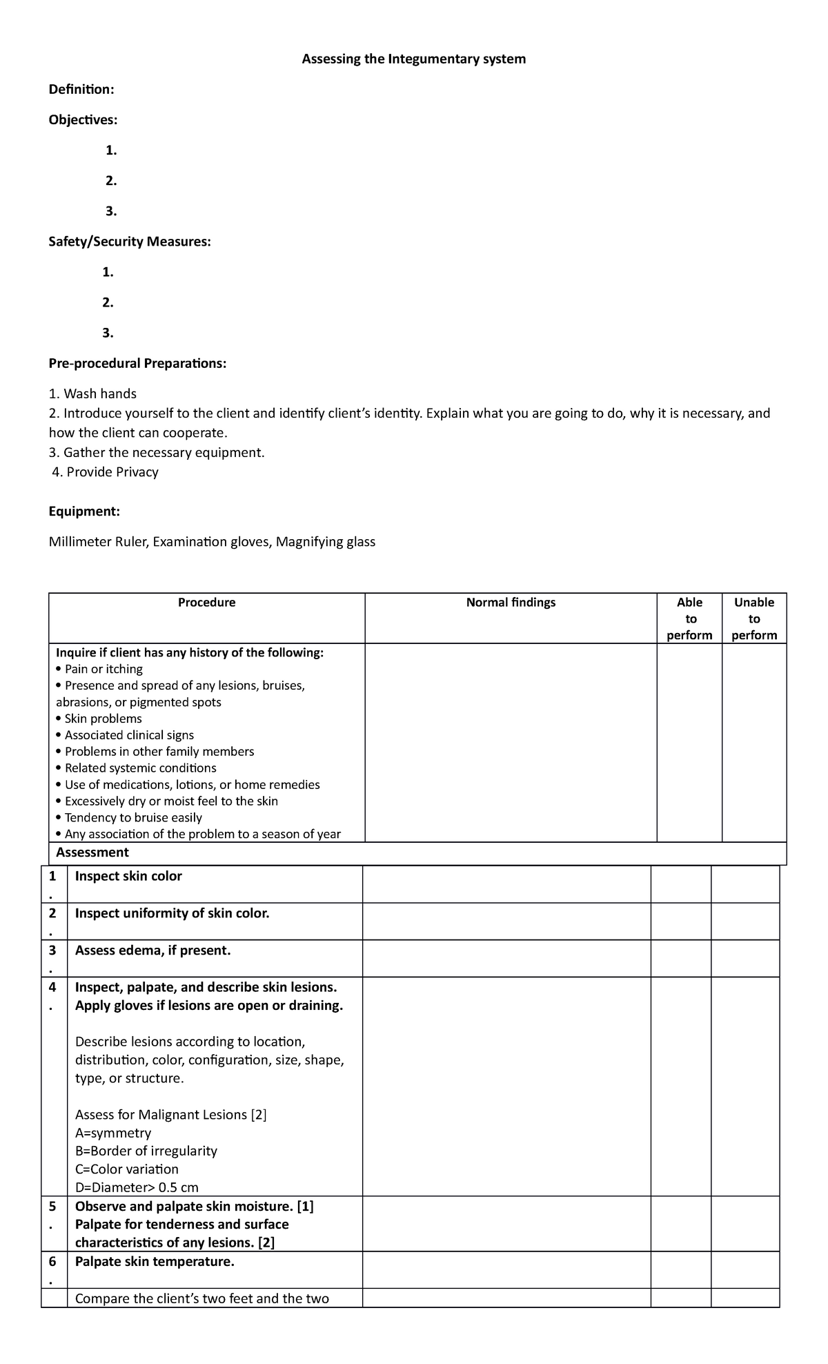 Assessing the Integumentary system checklist - Assessing the ...