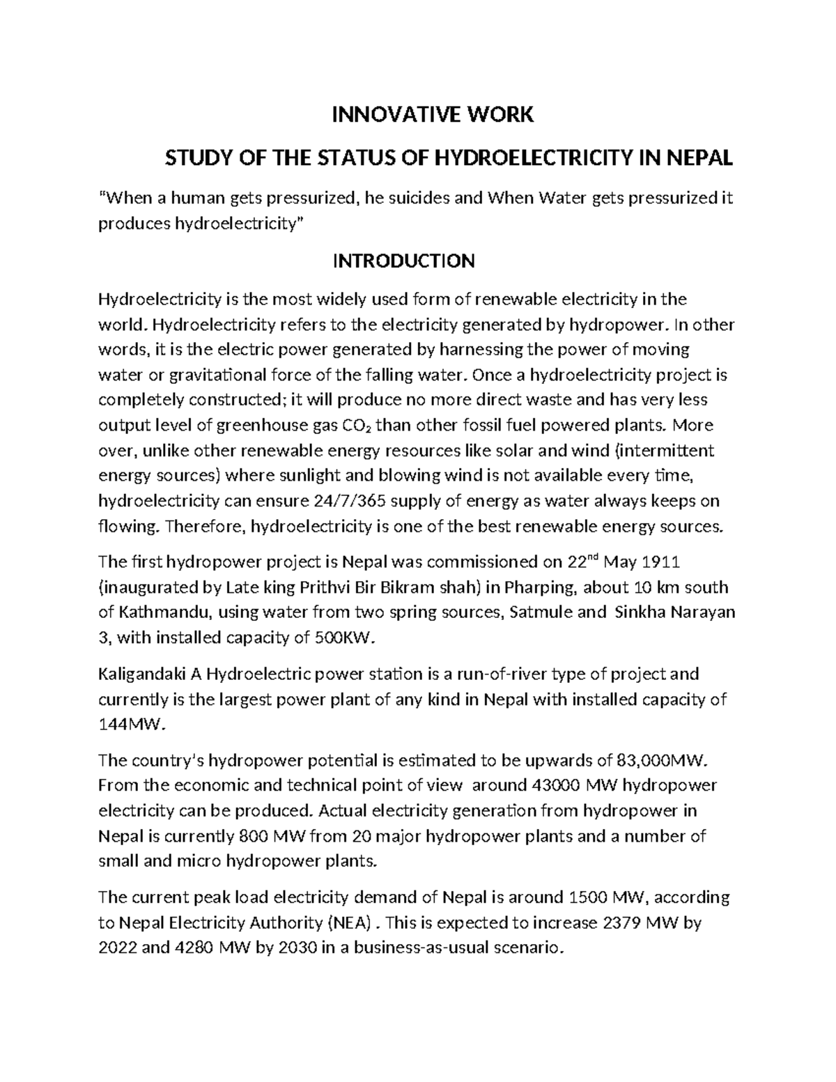 essay on hydroelectricity in nepal