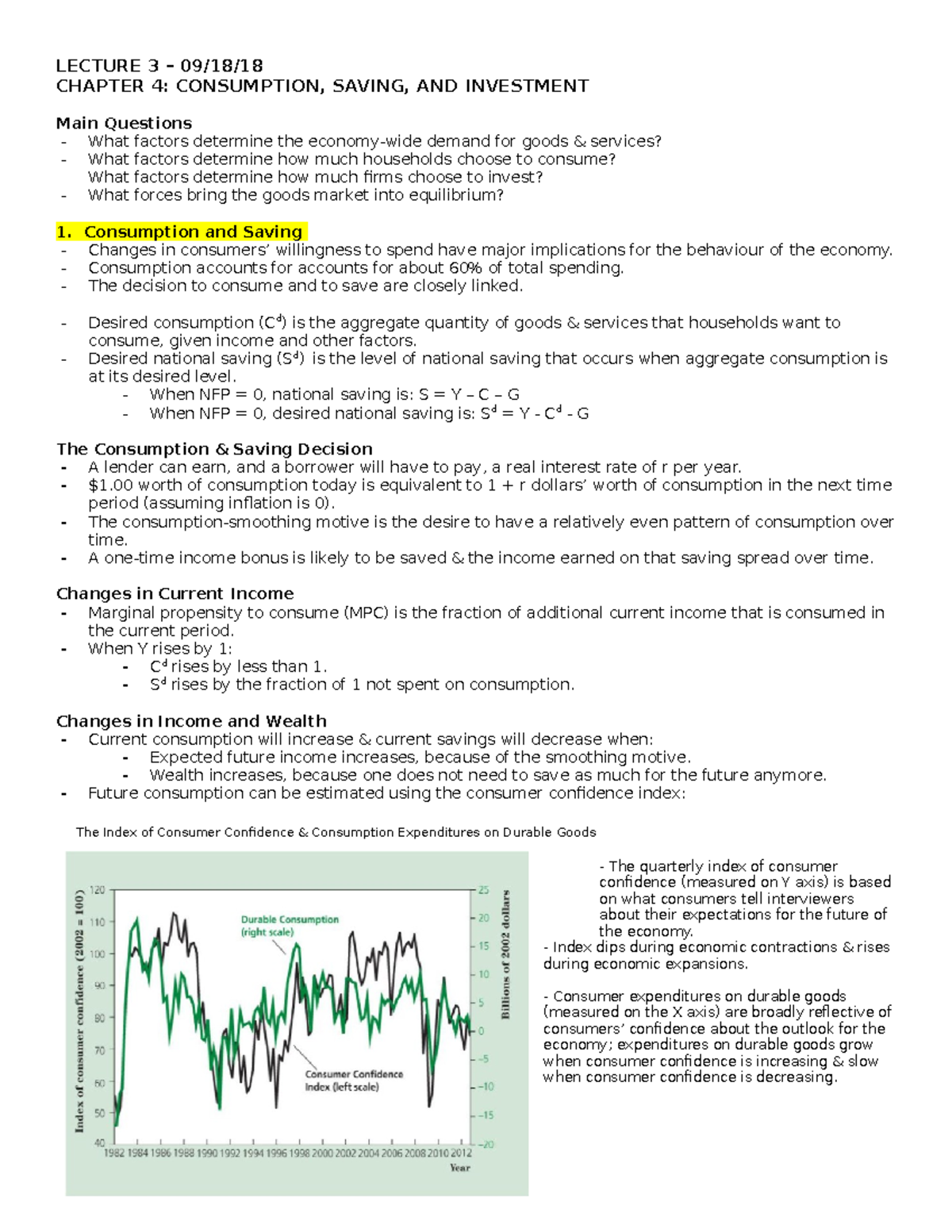 ECN301 - Lecture 3 - LECTURE 3 – 09/18/ CHAPTER 4: CONSUMPTION, SAVING ...