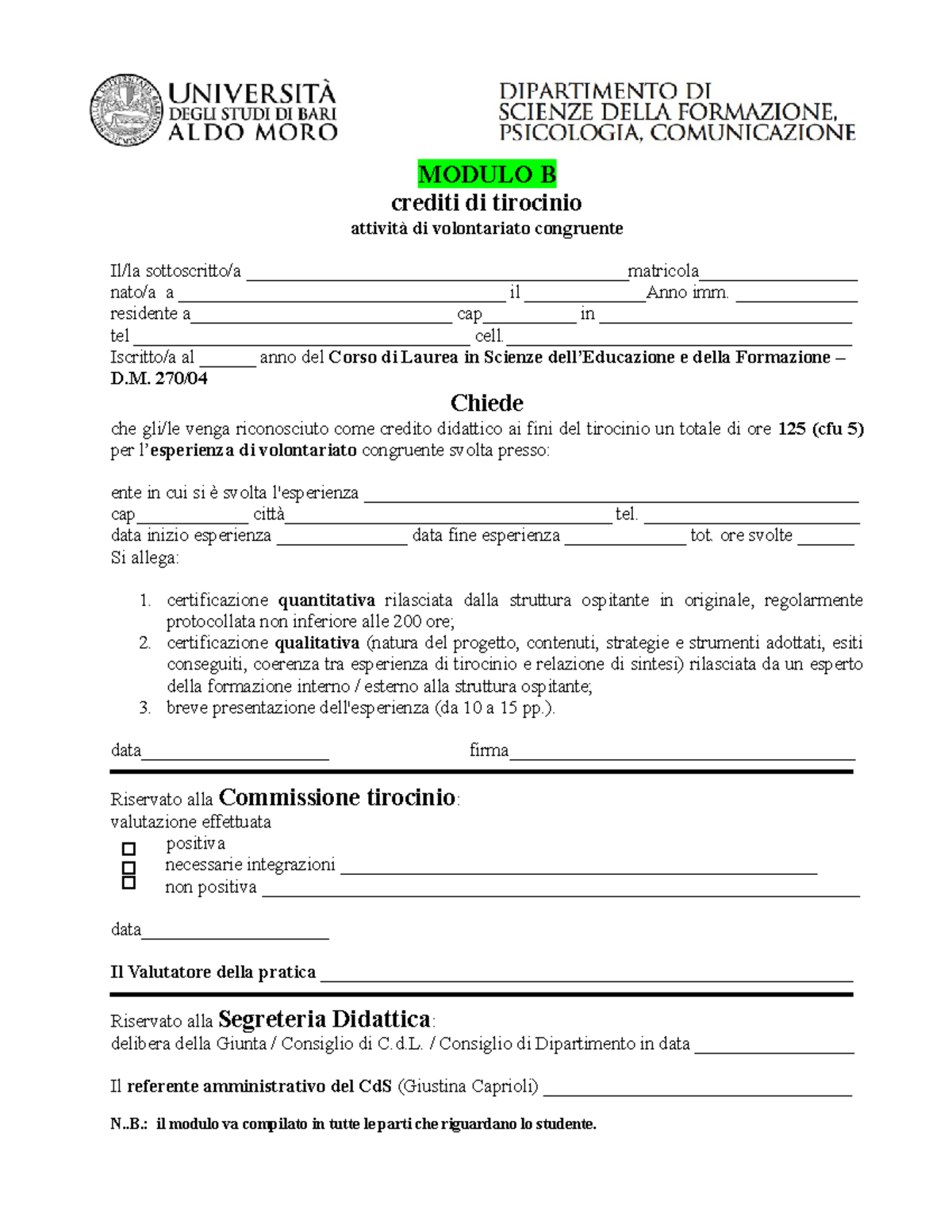 CFU 5 - Modulo B E Griglia B - MODULO B Crediti Di Tirocinio Attività ...