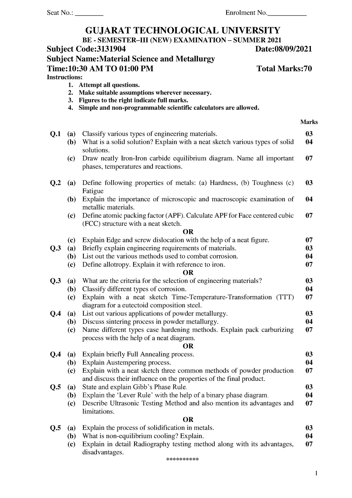 3131904 BE Summer 2021 - 1 Seat No.: ________ Enrolment No ...