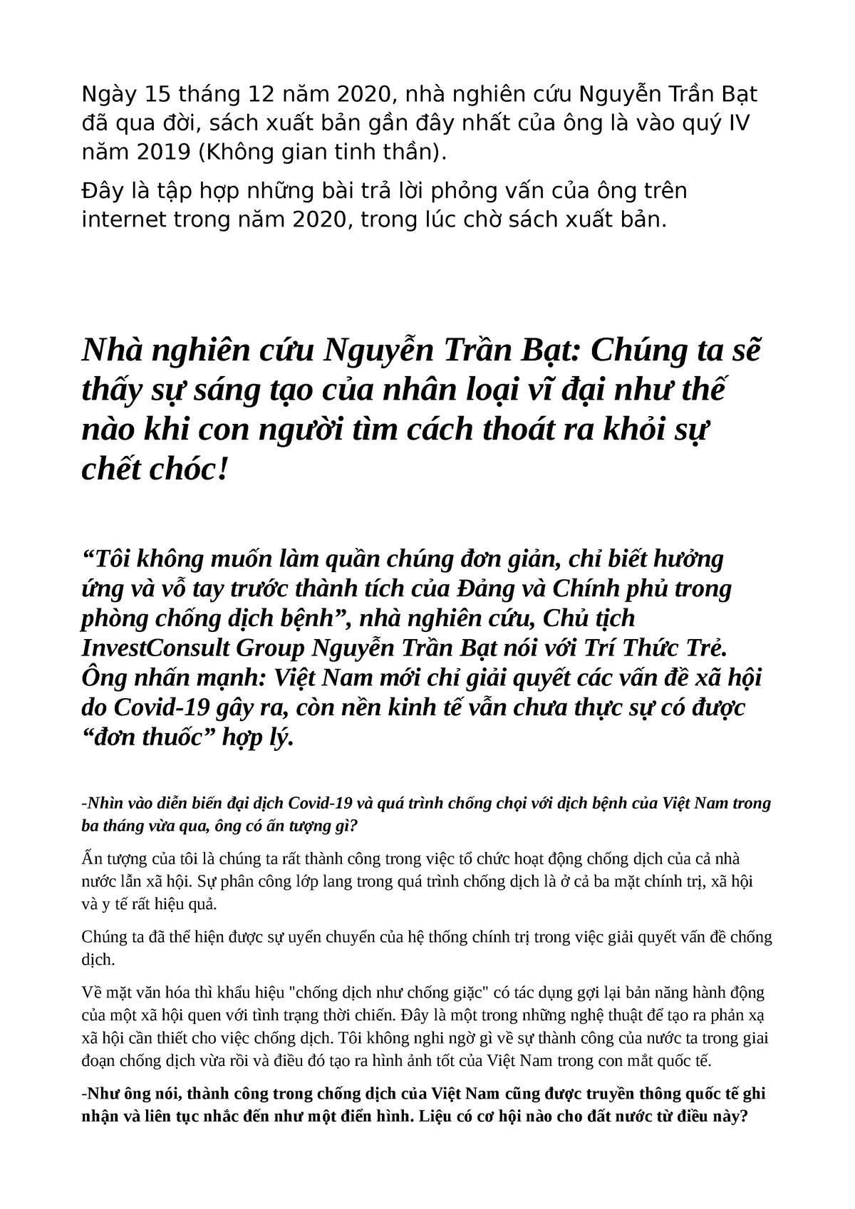 Các bài viết của Nguyễn Trần Bạt năm 2020 - Ngày 15 tháng 12 năm 2020, nhà nghiên cứu Nguyễn Trần - StuDocu