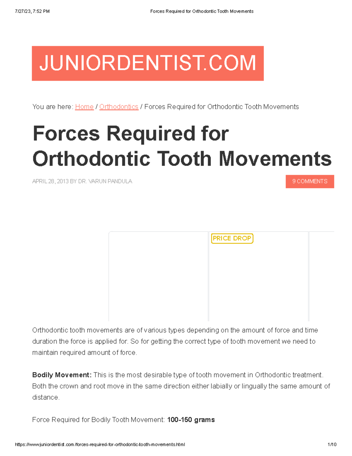 Forces Required for Orthodontic Tooth Movements VARUN PANDULA