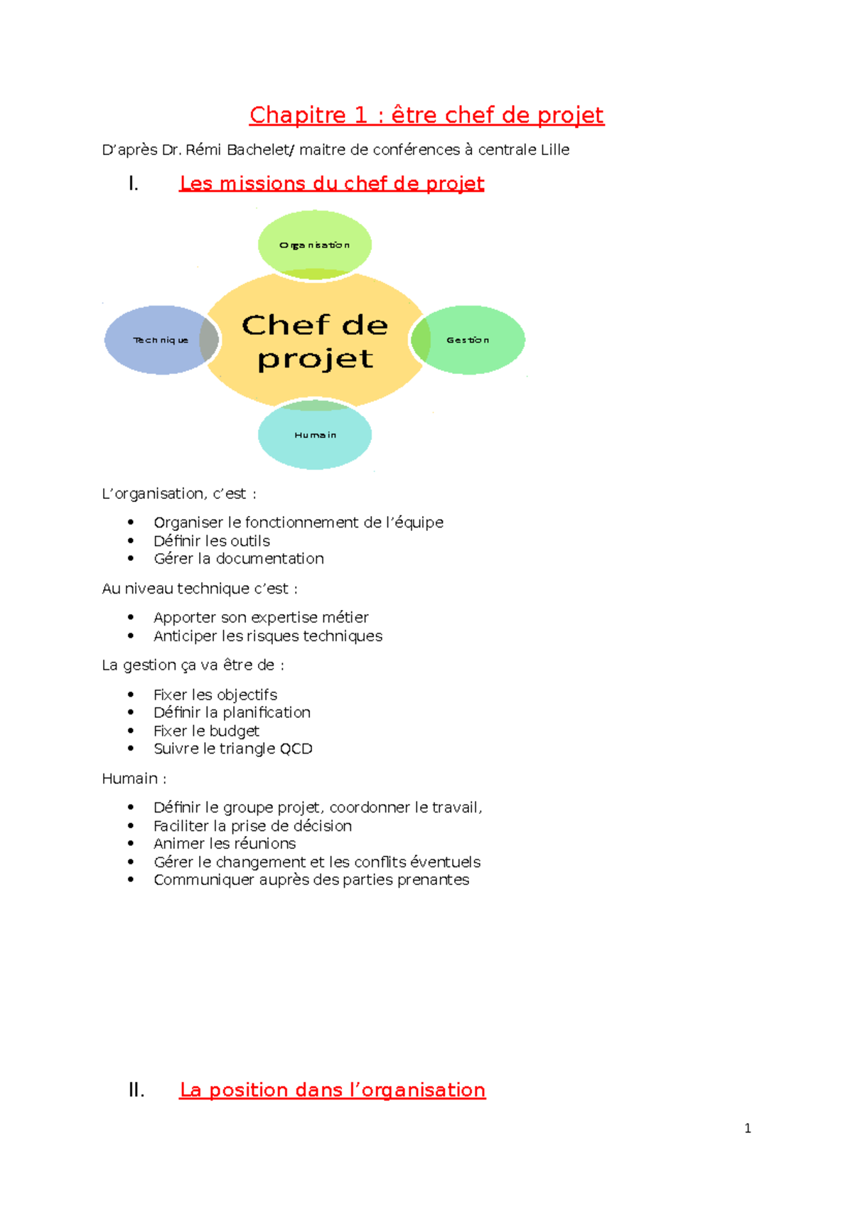 Chapitre 1 - Notes de cours 1 - Chapitre 1 : être chef de projet D ...