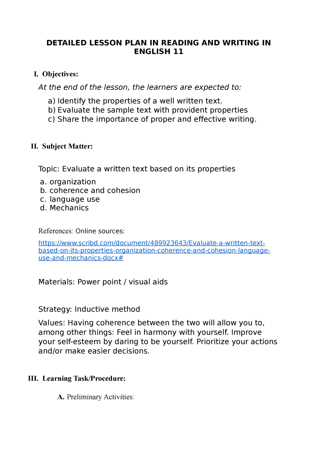 DLP Reading AND Writing English 11 DETAILED LESSON PLAN IN READING