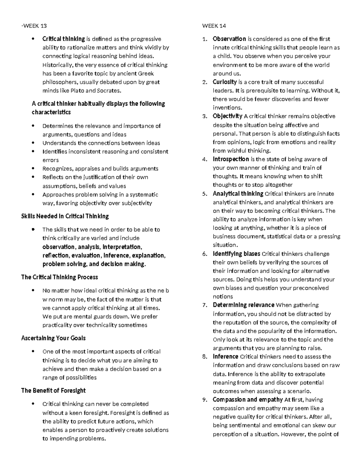 CRWT Finals - REVIEWER -WEEK 13 Critical thinking is defined as the ...