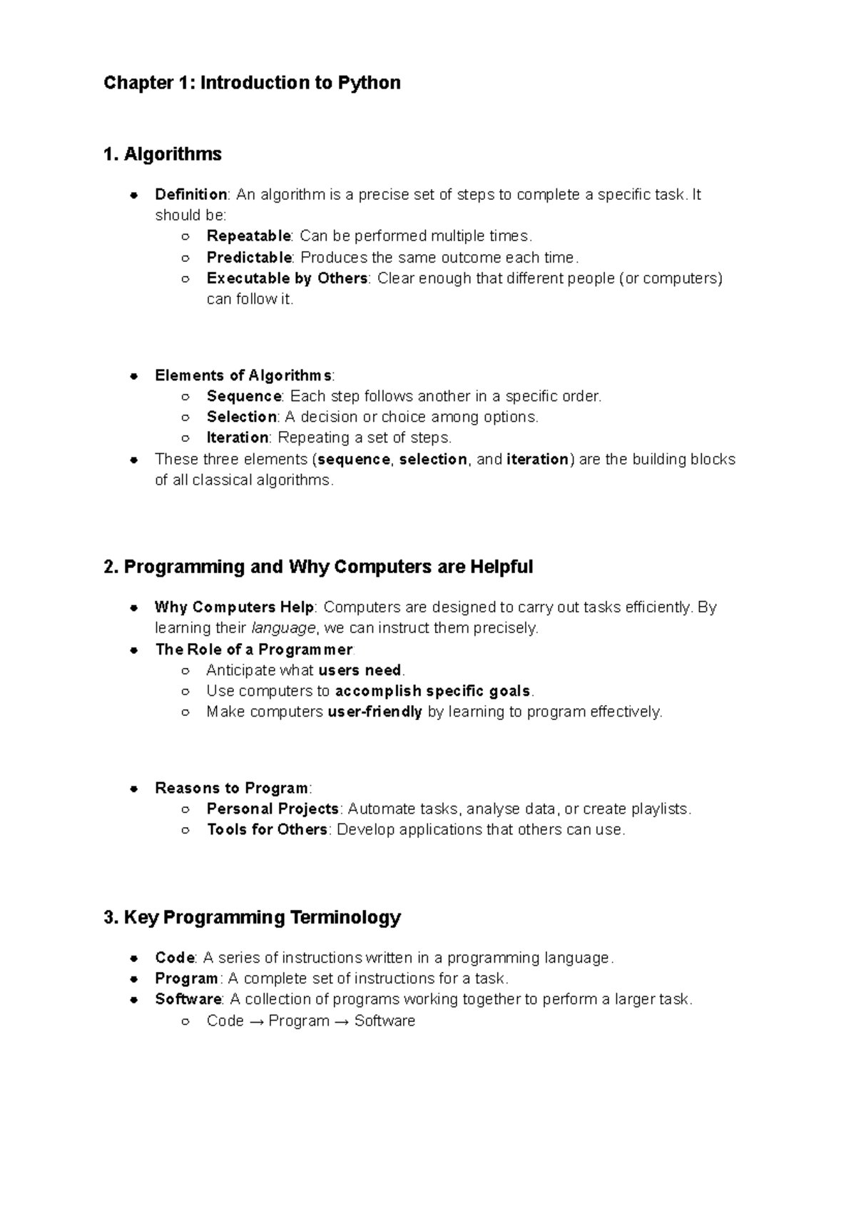 Python Chapter 1 Notes - 1. Algorithms Definition: An algorithm is a ...