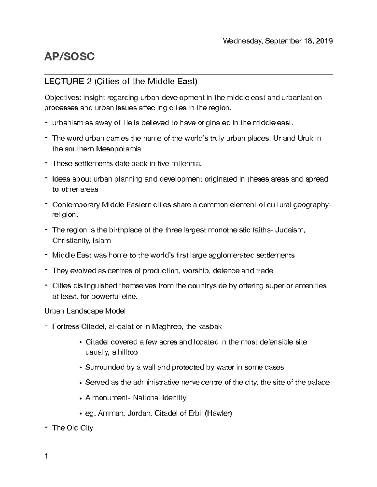 AP:SOSC 2 - Notes - AP/SOSC LECTURE 2 (Cities of the Middle East ...