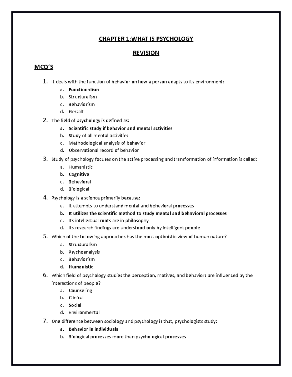 Chapter 1 - ch 1 psy - CHAPTER 1:WHAT IS PSYCHOLOGY REVISION MCQ’S 1 ...