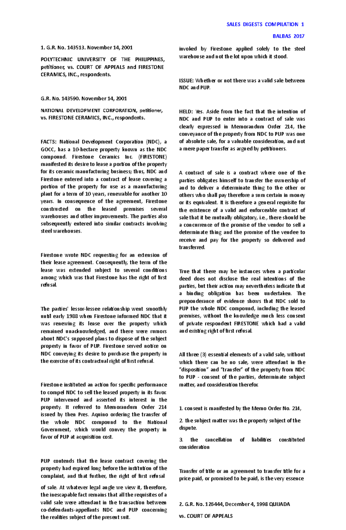 Sales-digests - Digest. Obligations and Contract - BALBAS 2017 G. No ...
