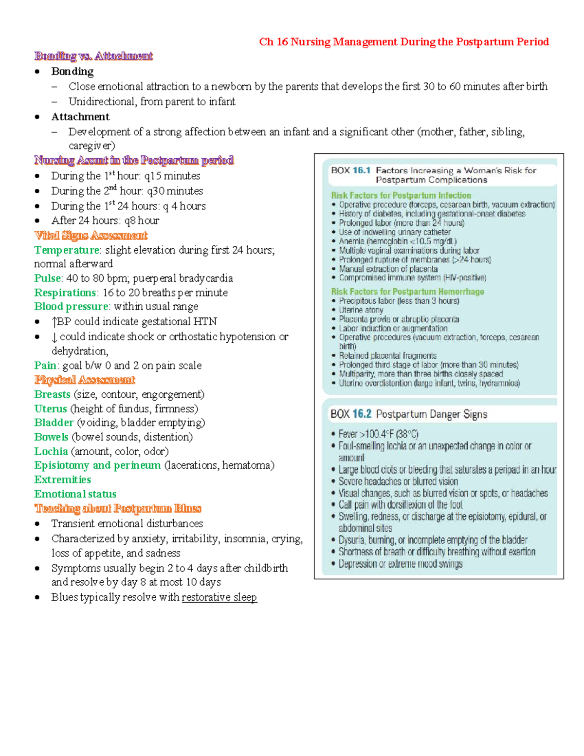 NUR 2230 Ch 16 Nursing Management During The Postpartum Period - Ch 16 ...