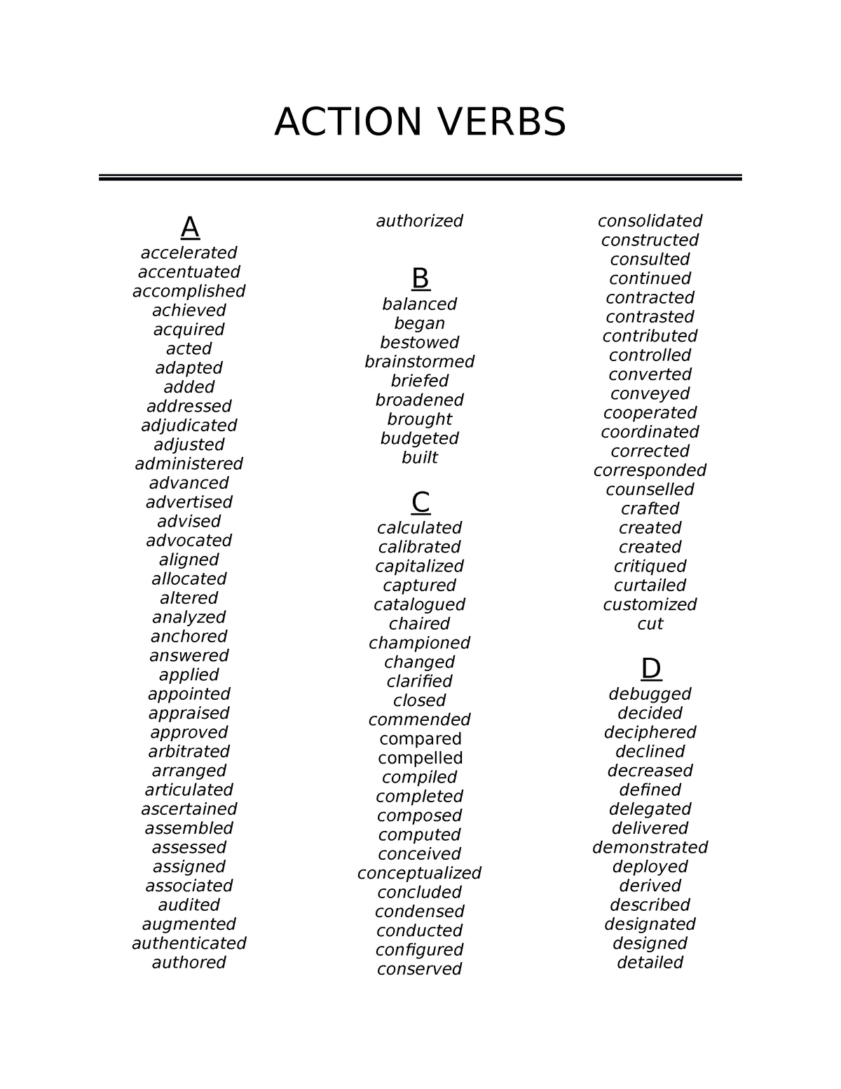 Action Verbs ACTION VERBS A accelerated accentuated