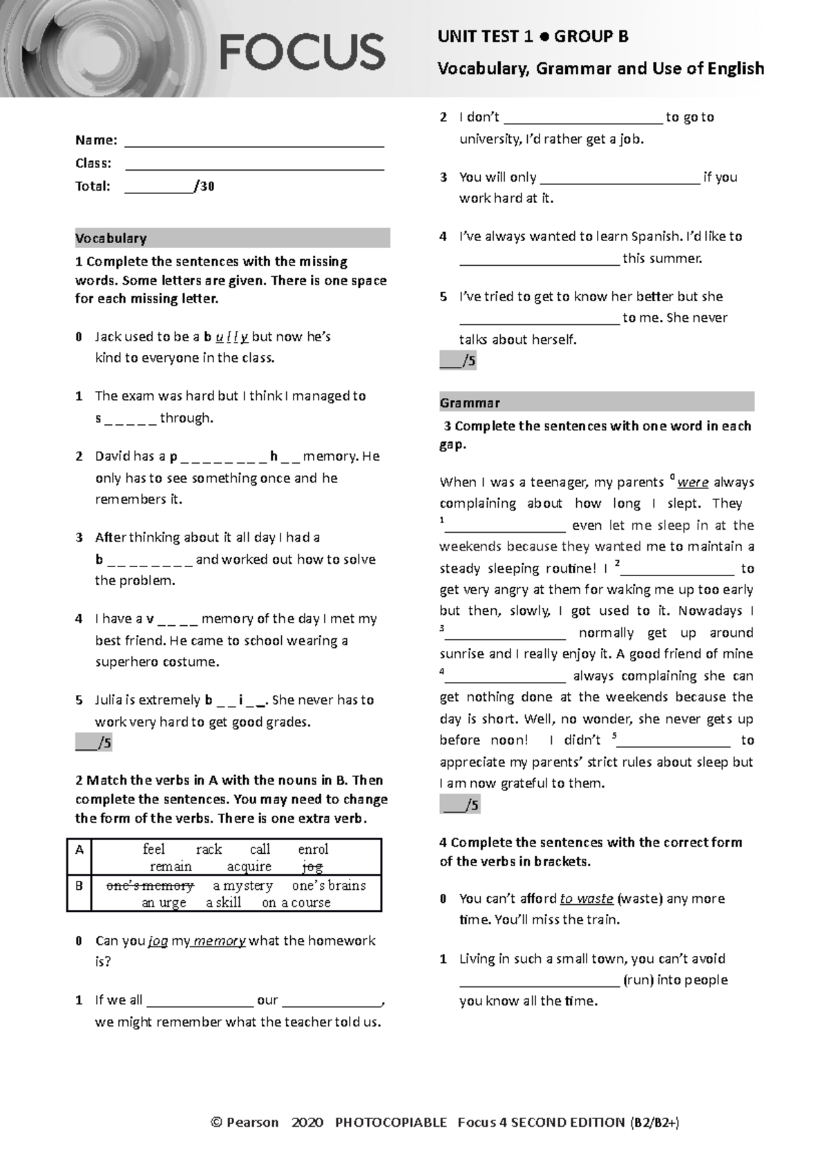 Focus 4 2E Unit Test Vocabulary Grammar Uo E Unit1 Group B - UNIT TEST ...