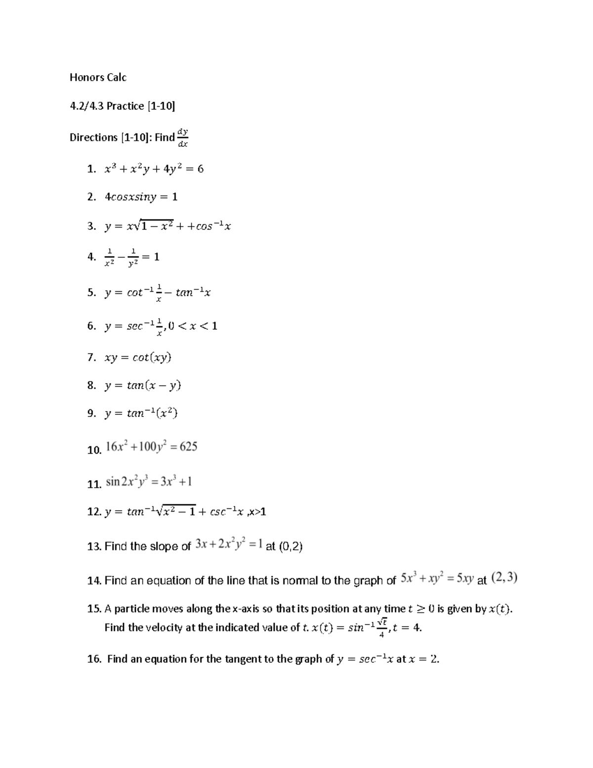 4.2 4.3 practice key - Calculus class notes - Honors Calc 4.2/4 Practice [1-10] Directions [1-10 ...