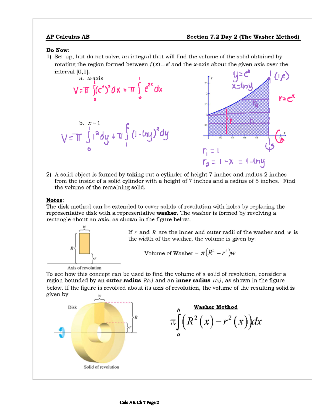 7 - math review - AP Calculus AB Section 7 Day 2 (The Washer Method) Do ...