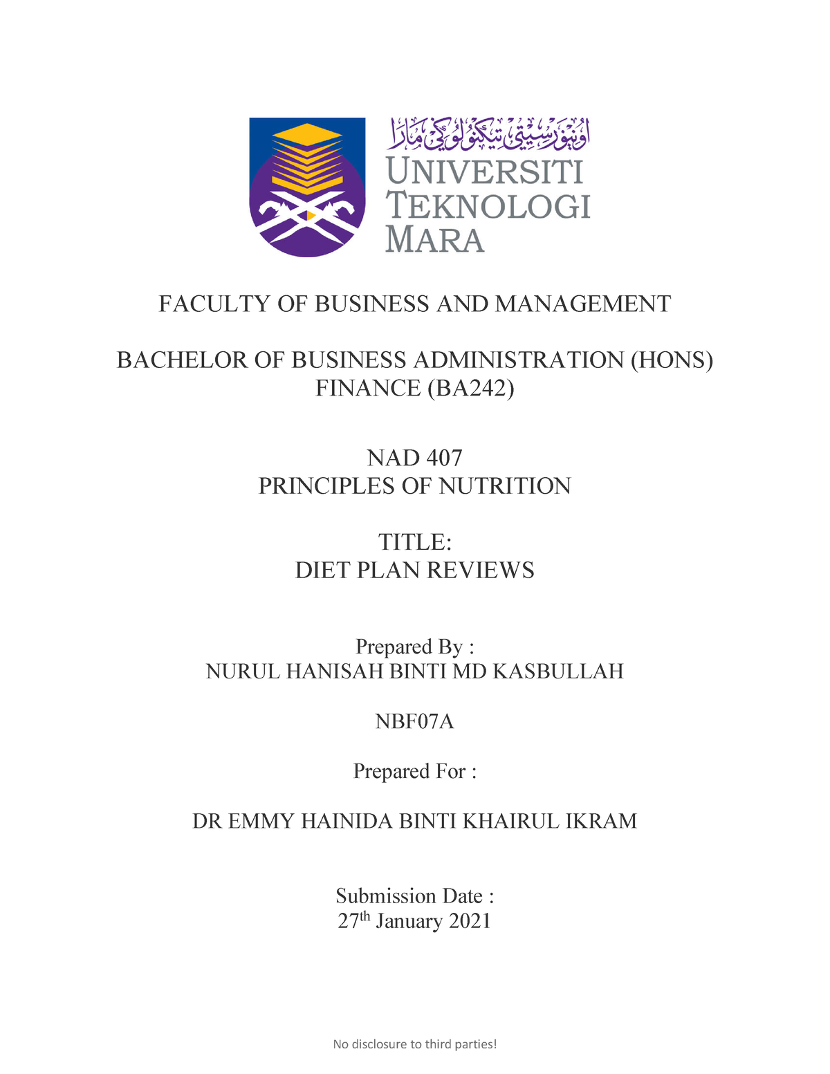 Nad407 Nurul Hanisah 2019 814366 Nad407 Faculty Of Business And Management Bachelor Of Business Studocu